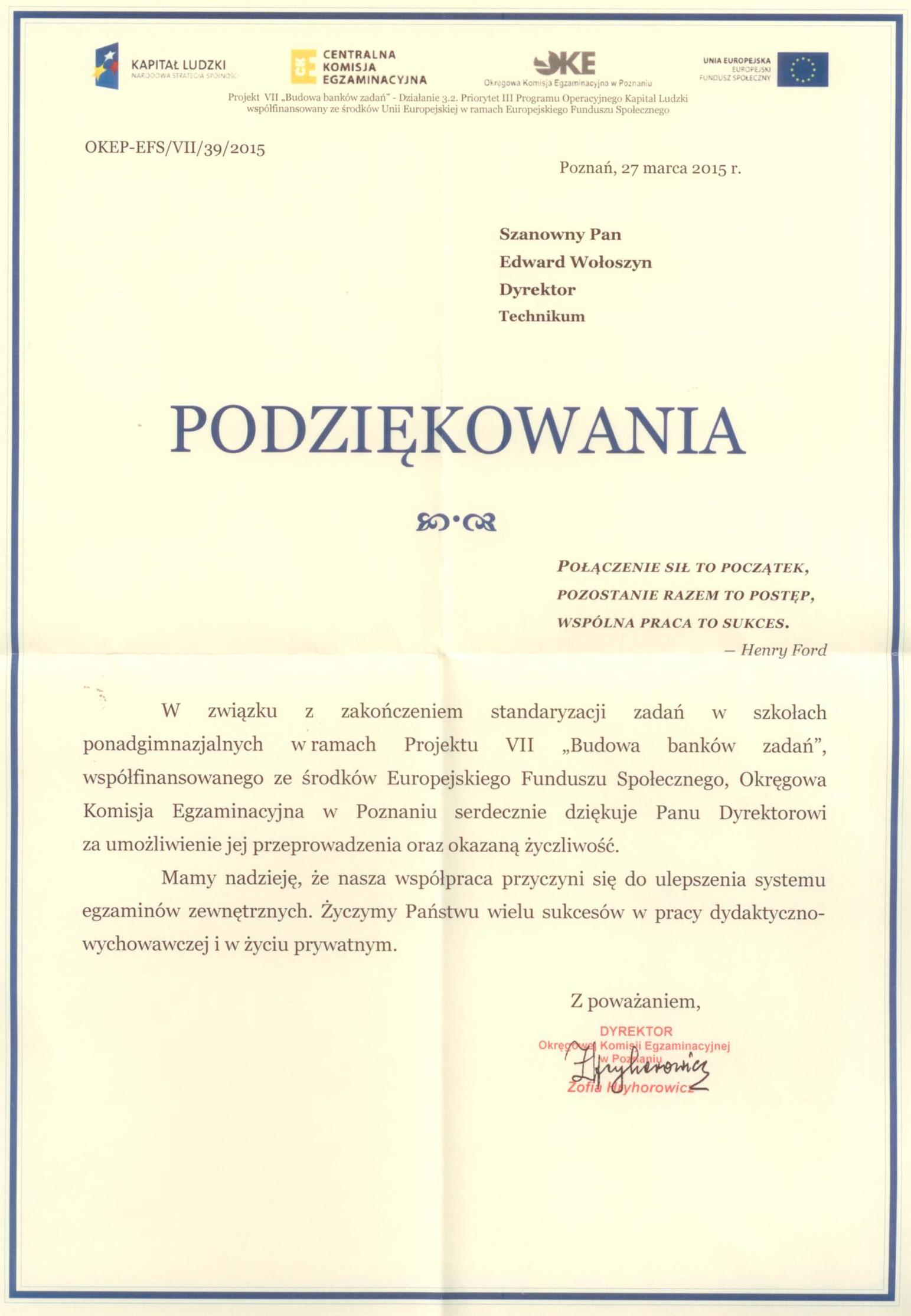 podziekowanie Dyrektora  OKE Poznań 001